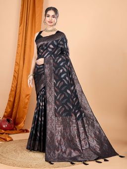Vedant Vastram - Soft Litchi Silk Banarasi Black Saree with Unstitched Blouse
