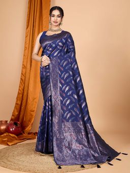 Vedant Vastram - Soft Litchi Silk Banarasi Navy Blue Saree with Unstitched Blouse