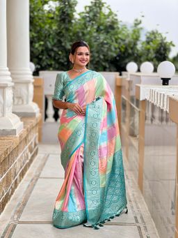 Vedant Vastram - Fancy Jacquard Bollywood Teal Saree with Unstitched Blouse