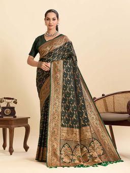 Vedant Vastram - Soft Litchi Silk Banarasi Green Saree with Unstitched Blouse