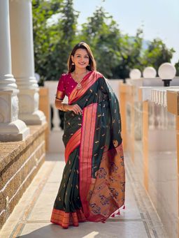 Vedant Vastram - Soft Litchi Silk Paithani Jacquard Green Saree with Unstitched Blouse