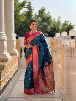 Vedant Vastram - Paithani Jacquard Navy Blue Saree with Unstitched Blouse