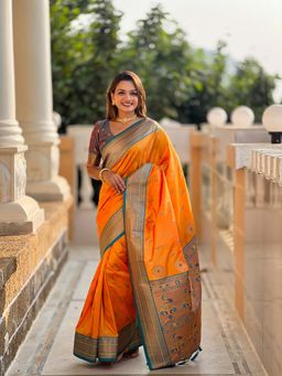 Vedant Vastram - Paithani Jacquard Mustard Saree with Unstitched Blouse