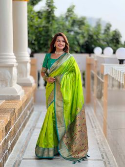 Vedant Vastram - Soft Litchi Silk Paithani Jacquard Green Saree with Unstitched Blouse