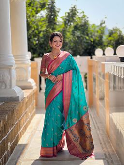Vedant Vastram - Soft Litchi Silk Paithani Jacquard Teal Saree with Unstitched Blouse