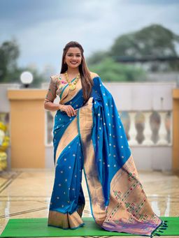 Vedant Vastram - Soft Litchi Silk Paithani Jacquard Blue Saree with Unstitched Blouse