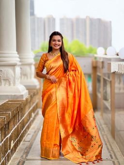 Vedant Vastram - Paithani Jacquard Orange Saree with Unstitched Blouse