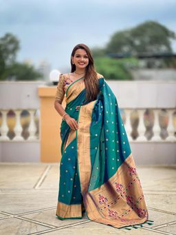Vedant Vastram - Soft Litchi Silk Paithani Jacquard Teal Saree with Unstitched Blouse