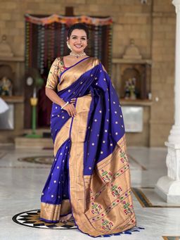 Vedant Vastram - Paithani Jacquard Navy Blue Saree with Unstitched Blouse