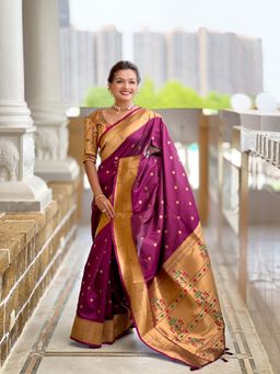 Vedant Vastram - Paithani Jacquard Purple Saree with Unstitched Blouse