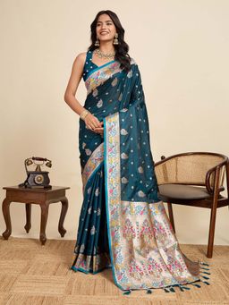 Vedant Vastram - Soft Litchi Silk Paithani Jacquard Teal Saree with Unstitched Blouse