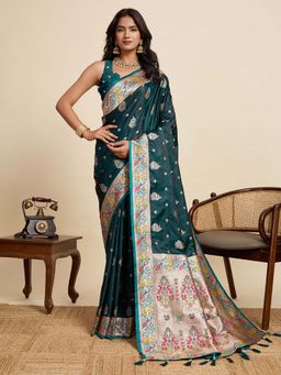 Vedant Vastram - Soft Litchi Silk Paithani Jacquard Green Saree with Unstitched Blouse