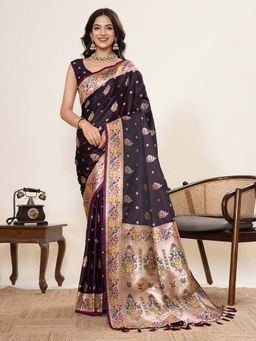 Vedant Vastram - Soft Litchi Silk Paithani Jacquard Wine Saree with Unstitched Blouse