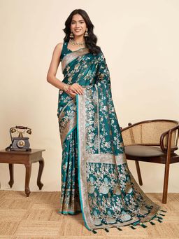 Vedant Vastram - Soft Litchi Silk Paithani Jacquard Green Saree with Unstitched Blouse