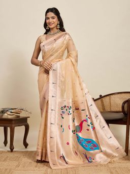 Vedant Vastram - Cotton Silk Paithani Jacquard Beige Saree with Unstitched Blouse