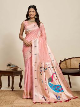 Vedant Vastram - Cotton Silk Paithani Jacquard Pink Saree with Unstitched Blouse