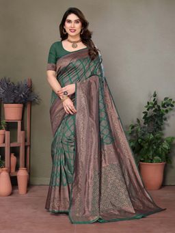Vedant Vastram - Litchi Silk Banarasi Green Saree with Unstitched Blouse