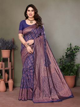 Vedant Vastram - Litchi Silk Banarasi Navy Blue Saree with Unstitched Blouse