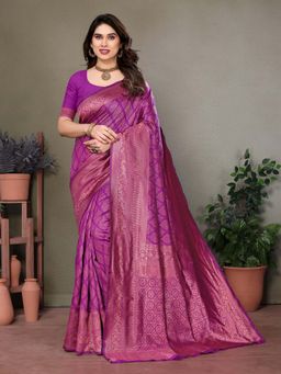 Vedant Vastram - Litchi Silk Banarasi Purple Saree with Unstitched Blouse