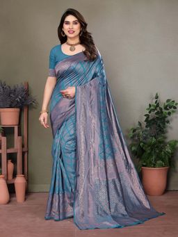 Vedant Vastram - Litchi Silk Banarasi Teal Saree with Unstitched Blouse