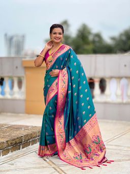 Vedant Vastram - Soft Litchi Silk Paithani Jacquard Teal Saree with Unstitched Blouse