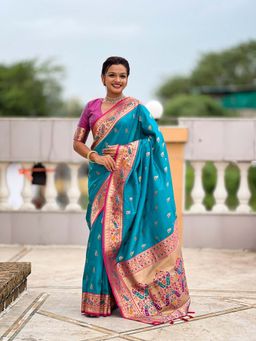 Vedant Vastram - Paithani Jacquard Turquoise Saree with Unstitched Blouse
