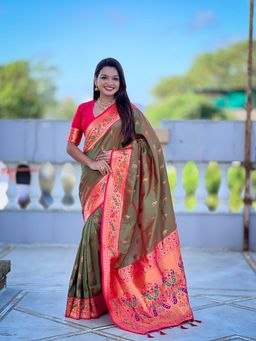 Vedant Vastram - Soft Litchi Silk Paithani Jacquard Olive Saree with Unstitched Blouse