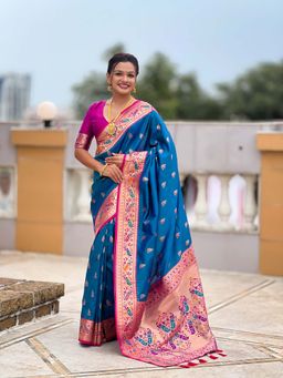 Vedant Vastram - Soft Litchi Silk Paithani Jacquard Blue Saree with Unstitched Blouse