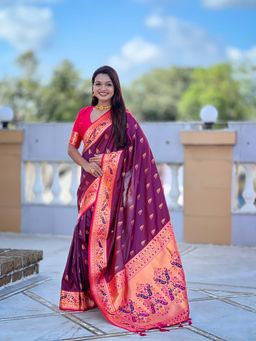 Vedant Vastram - Paithani Jacquard Purple Saree with Unstitched Blouse