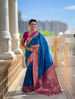Vedant Vastram - Paithani Jacquard Navy Blue Saree with Unstitched Blouse