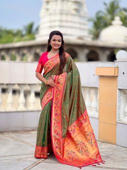Vedant Vastram - Soft Litchi Silk Paithani Jacquard Olive Saree with Unstitched Blouse