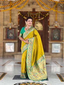 Vedant Vastram - Soft Litchi Silk Paithani Jacquard Green Saree with Unstitched Blouse