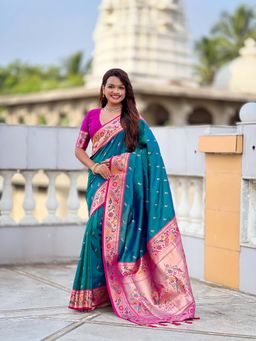 Vedant Vastram - Soft Litchi Silk Paithani Jacquard Teal Saree with Unstitched Blouse