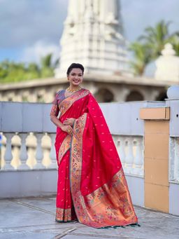 Vedant Vastram - Soft Litchi Silk Paithani Jacquard Pink Saree with Unstitched Blouse