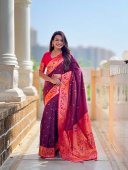 Vedant Vastram - Paithani Jacquard Purple Saree with Unstitched Blouse