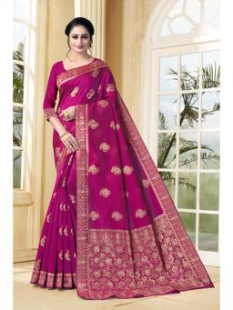 Vedant Vastram - Litchi Silk Designer Banarasi Pink Saree with Unstitched Blouse