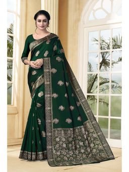 Vedant Vastram - Litchi Silk Designer Banarasi Green Saree with Unstitched Blouse