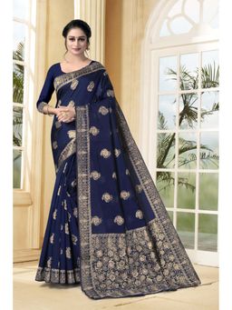 Vedant Vastram - Litchi Silk Designer Banarasi Navy Blue Saree with Unstitched Blouse