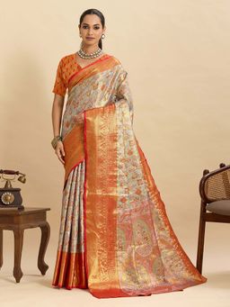 Vedant Vastram - Soft Litchi Silk Banarasi Orange Saree with Unstitched Blouse