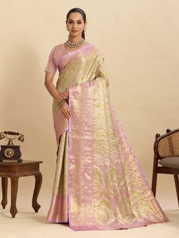 Vedant Vastram - Soft Litchi Silk Banarasi Pink Saree with Unstitched Blouse