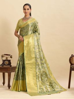 Vedant Vastram - Soft Litchi Silk Banarasi Green Saree with Unstitched Blouse