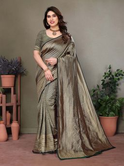 Vedant Vastram - Litchi Silk Banarasi Green Saree with Unstitched Blouse
