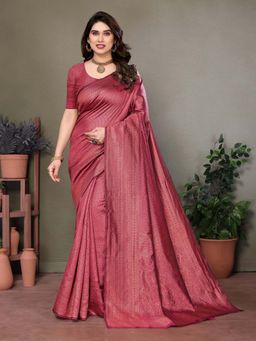 Vedant Vastram - Litchi Silk Banarasi Maroon Saree with Unstitched Blouse