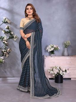 Vedant Vastram - Georgette Sequin Work Navy Blue Saree with Unstitched Blouse