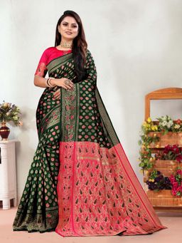 Vedant Vastram - Litchi Silk Designer Banarasi Green Saree with Unstitched Blouse