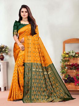 Vedant Vastram - Litchi Silk Designer Banarasi Mustard Saree with Unstitched Blouse
