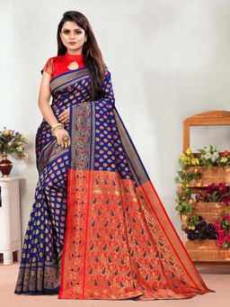 Vedant Vastram - Litchi Silk Designer Banarasi Navy Blue Saree with Unstitched Blouse