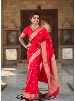 Vedant Vastram - Banarasi Silk Jacquard Red Saree with Unstitched Blouse