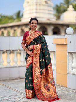 Vedant Vastram - Soft Litchi Silk Paithani Jacquard Green Saree with Unstitched Blouse