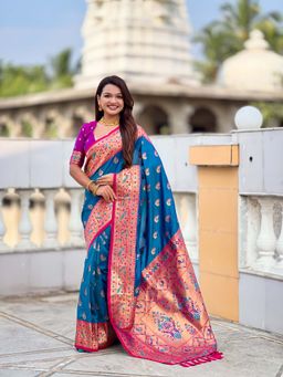 Vedant Vastram - Soft Litchi Silk Paithani Jacquard Blue Saree with Unstitched Blouse